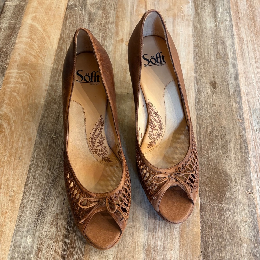 Sofft Brown Leather Woven Peep Toe Bow Pumps Heels 1217700 Womens 9M